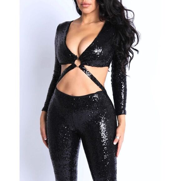 Sequin Front Criss Cross O-Ring Point Jumpsuit - Picture 1 of 4